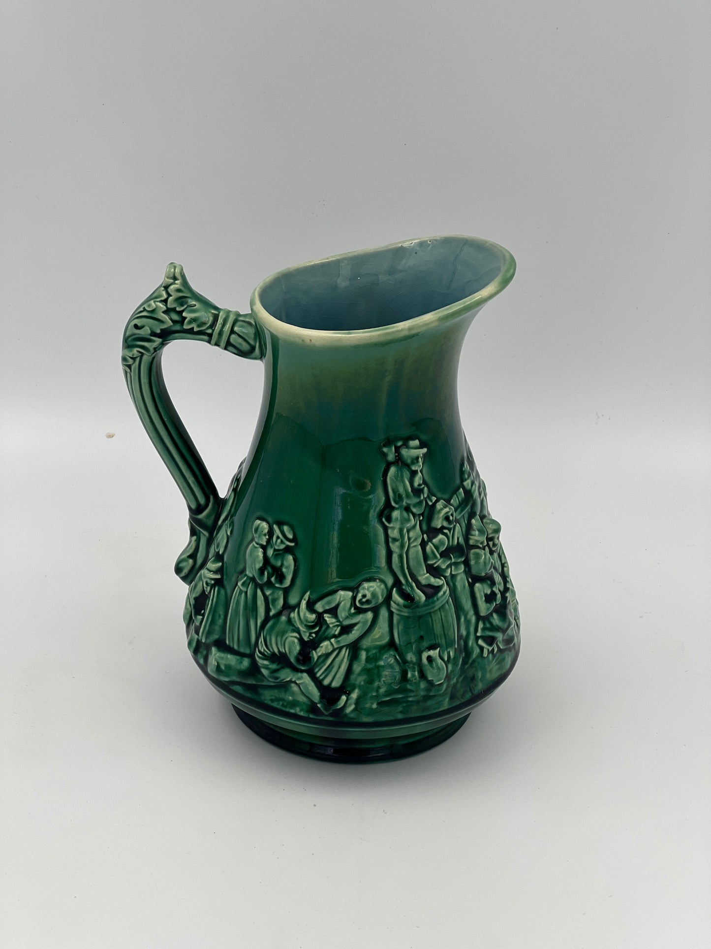 French Sarreguemines Majolica Green Pitcher C. 1900