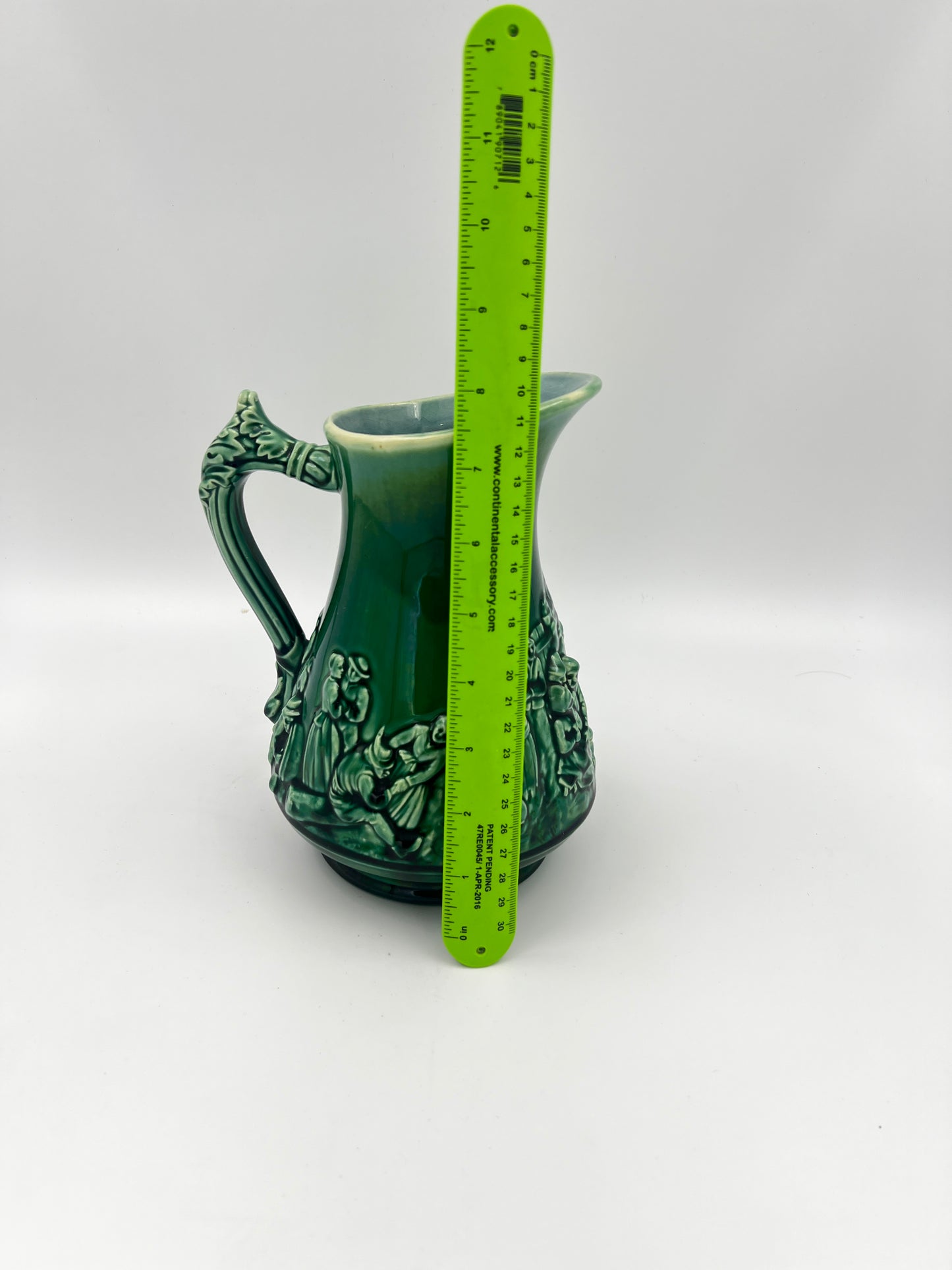 French Sarreguemines Majolica Green Pitcher C. 1900