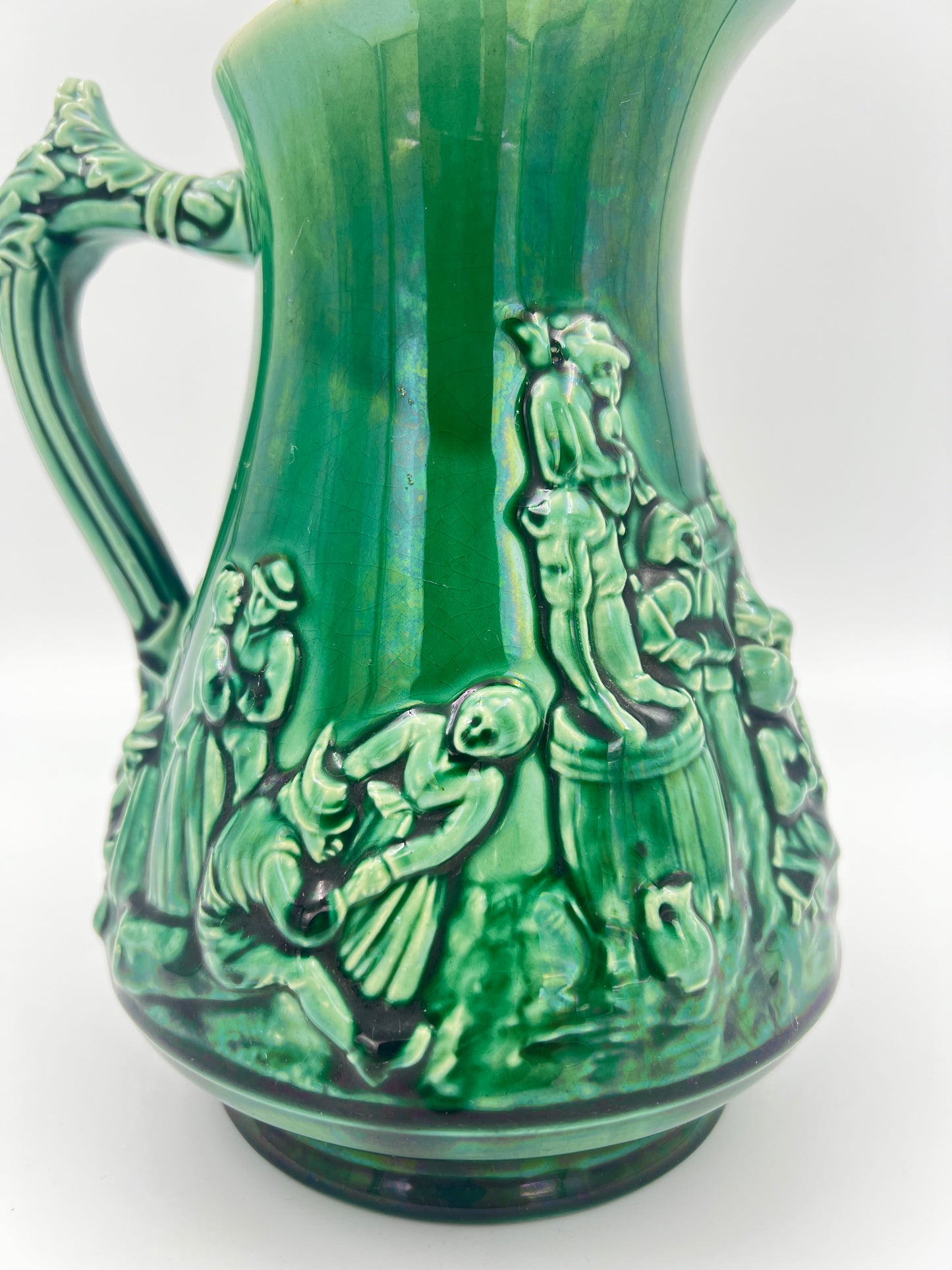 French Sarreguemines Majolica Green Pitcher C. 1900