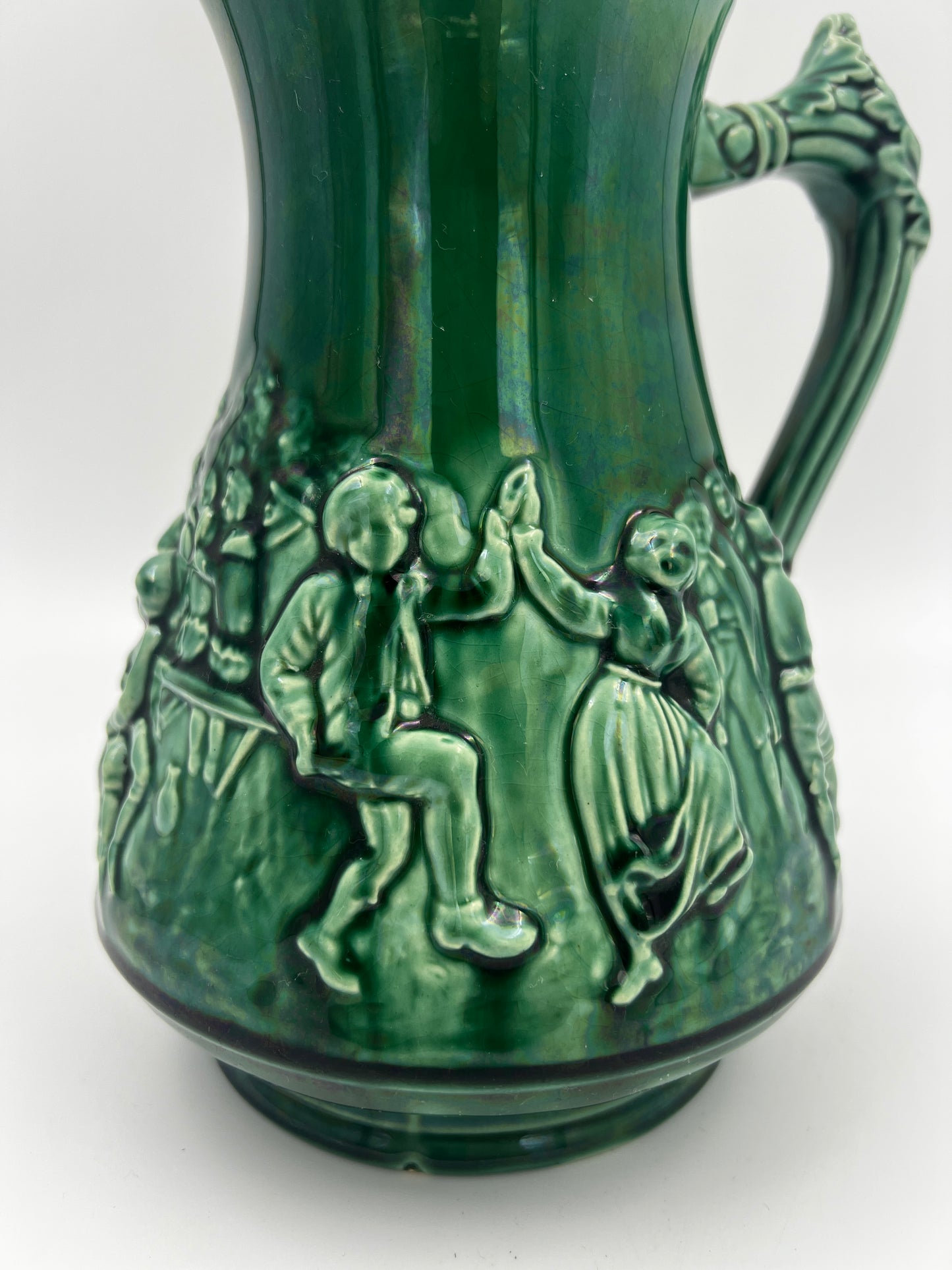 French Sarreguemines Majolica Green Pitcher C. 1900