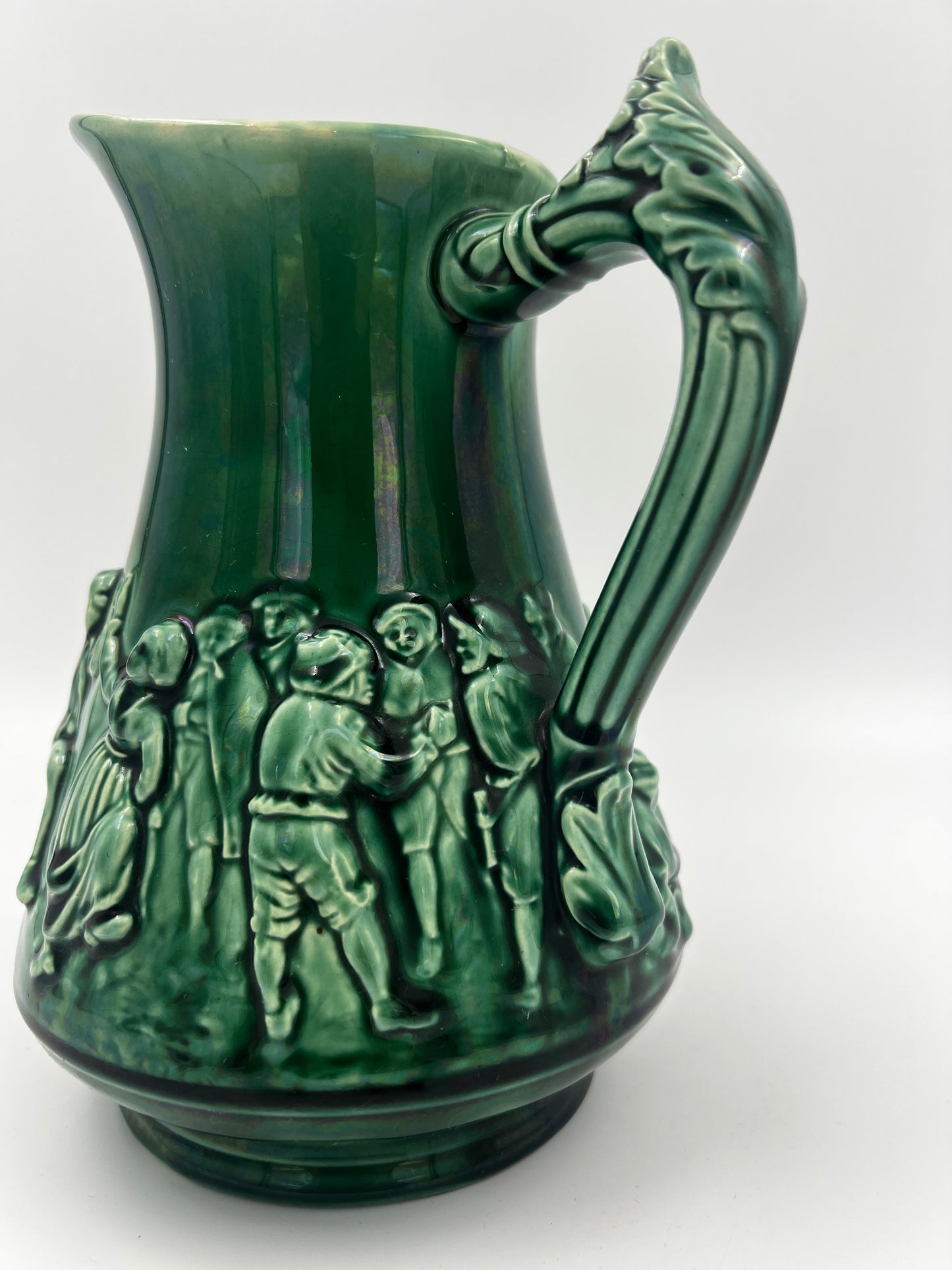 French Sarreguemines Majolica Green Pitcher C. 1900