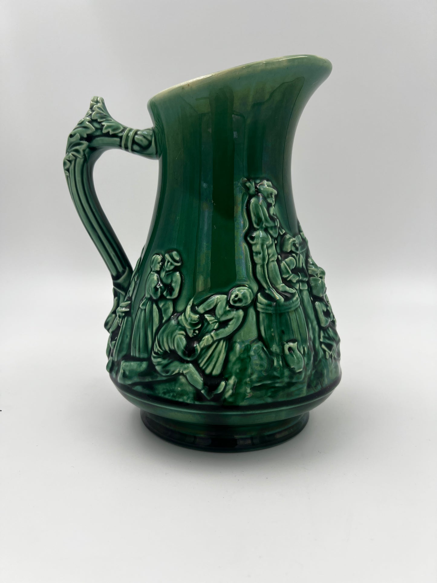 French Sarreguemines Majolica Green Pitcher C. 1900