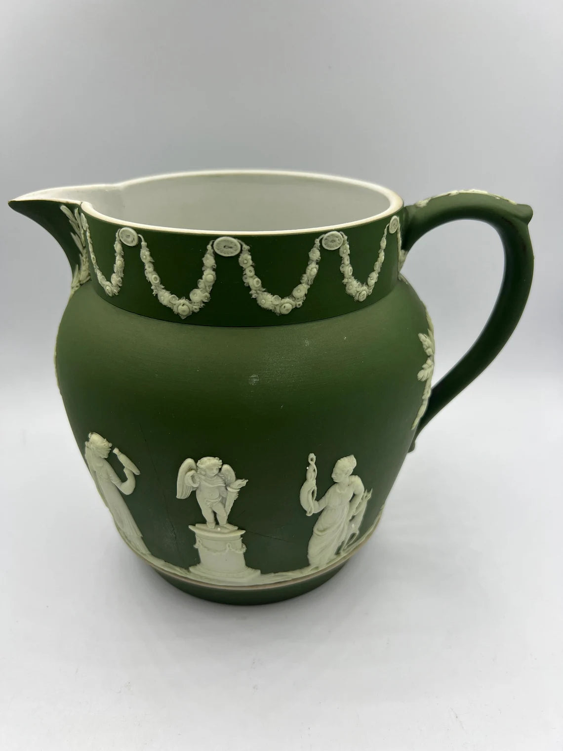 Rare! Wedgwood Pitcher Jasperware Dark Green Antique 6" Serveware Collectible Handle, over 100 years old - Royaltreasuryhouse