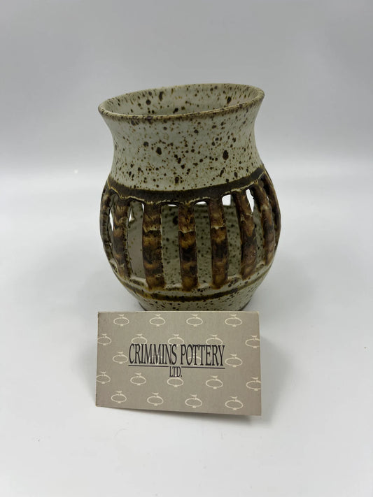 S. Crimmins New Brunswick pottery open work candle holder, 5.5" Tall