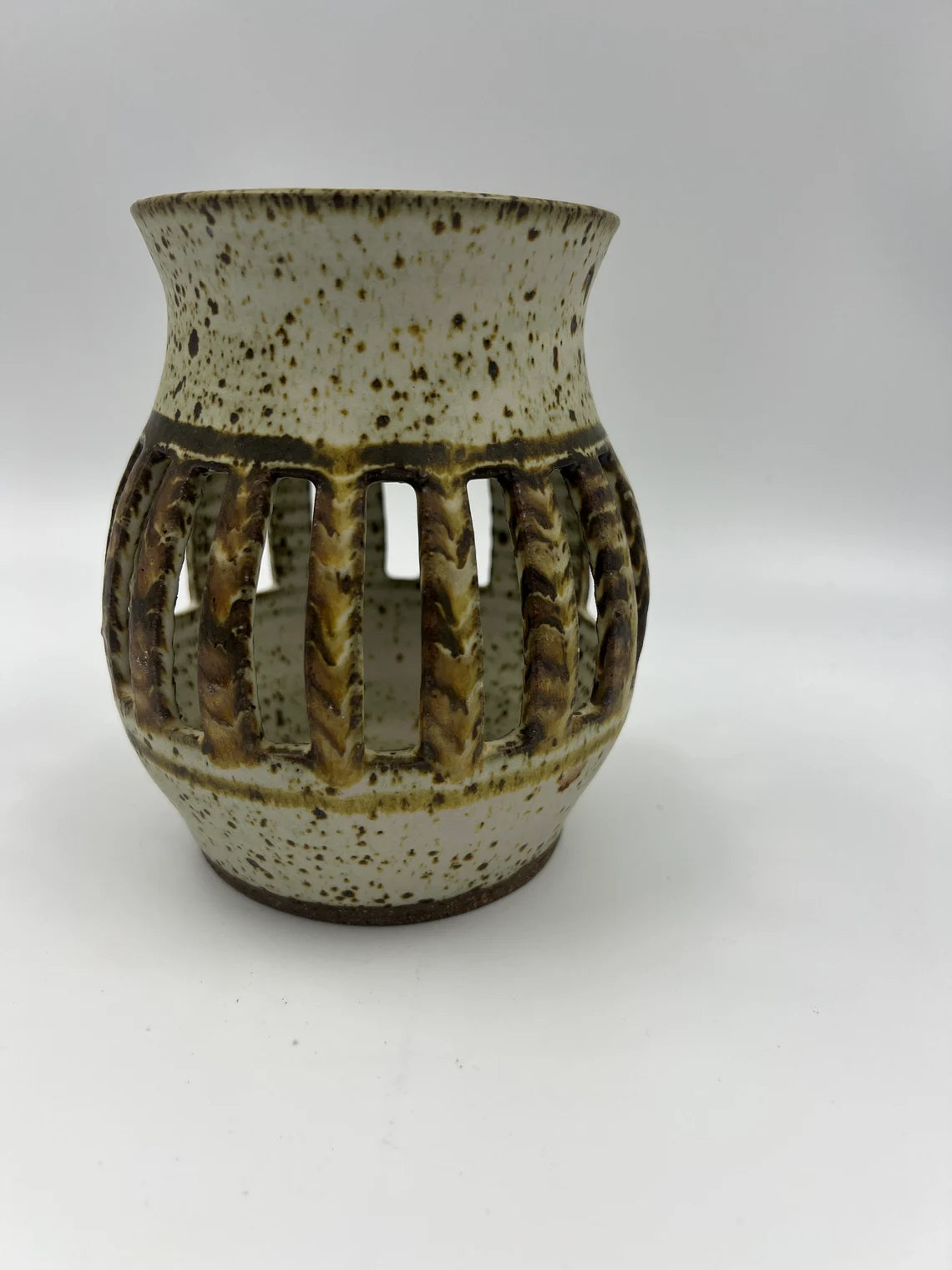 S. Crimmins New Brunswick pottery open work candle holder, 5.5" Tall