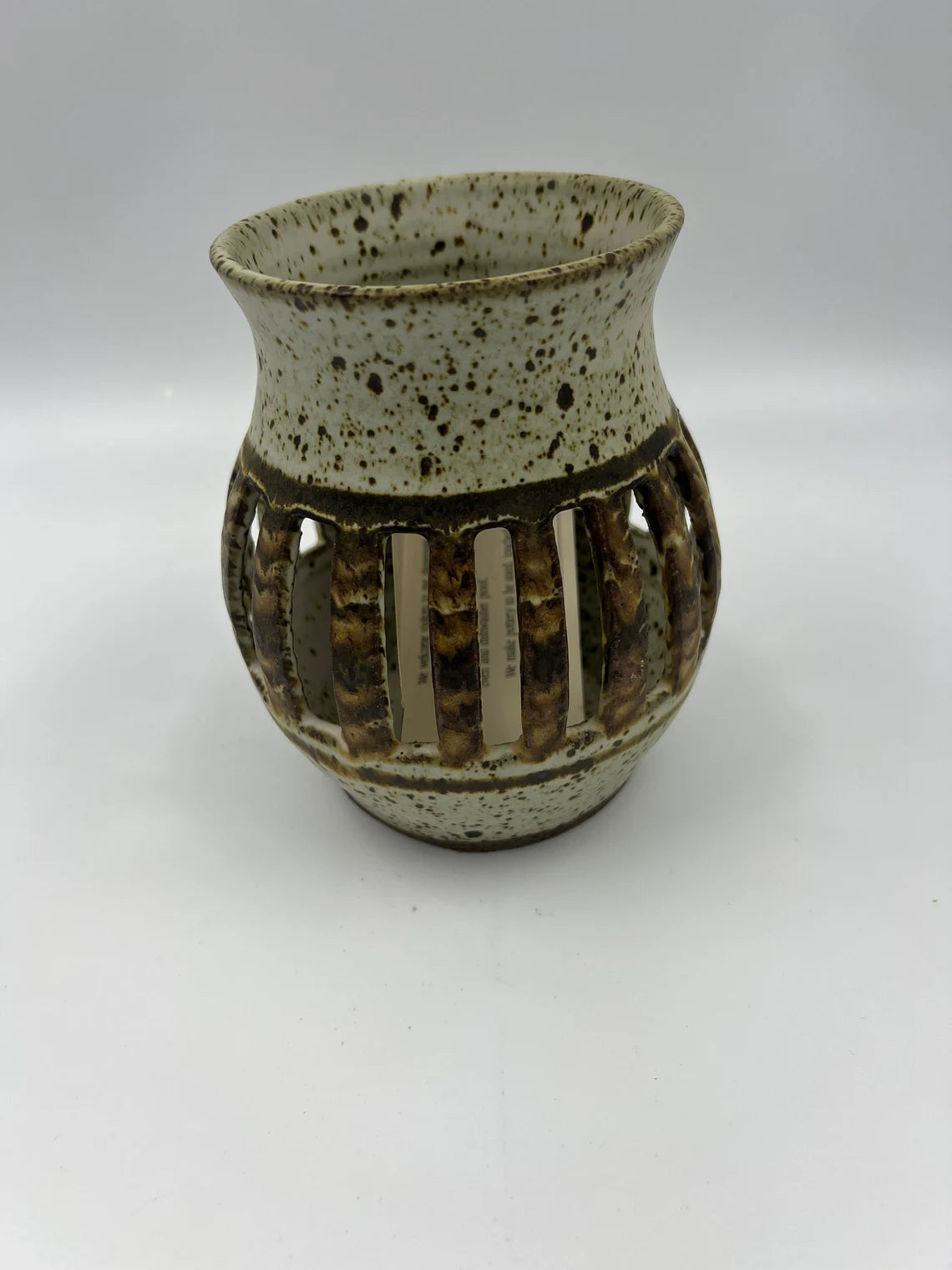 S. Crimmins New Brunswick pottery open work candle holder, 5.5" Tall