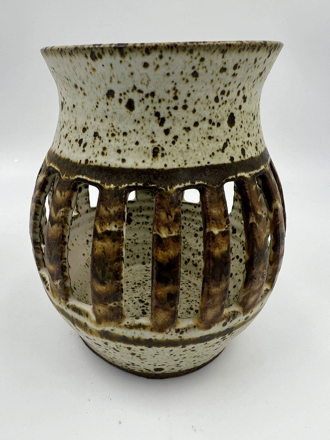 S. Crimmins New Brunswick pottery open work candle holder, 5.5" Tall