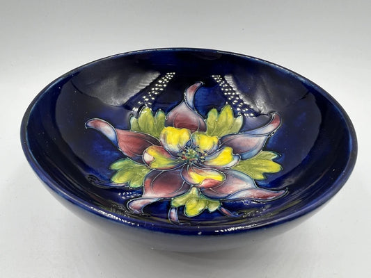 Vintage MOORCROFT Art Deco antique yellow flower Blue Bowl. 1930's Signed 5 1/2"