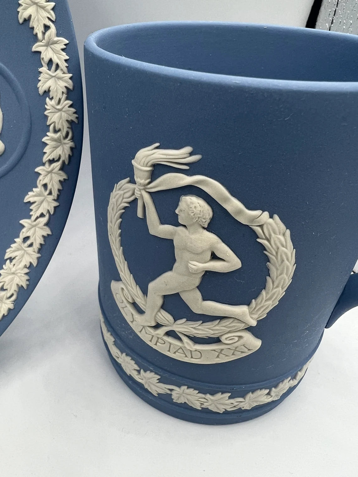 Vintage 1976 Wedgwood Blue Olympiad XXI Olympics Tankard Mug and 1976 plate