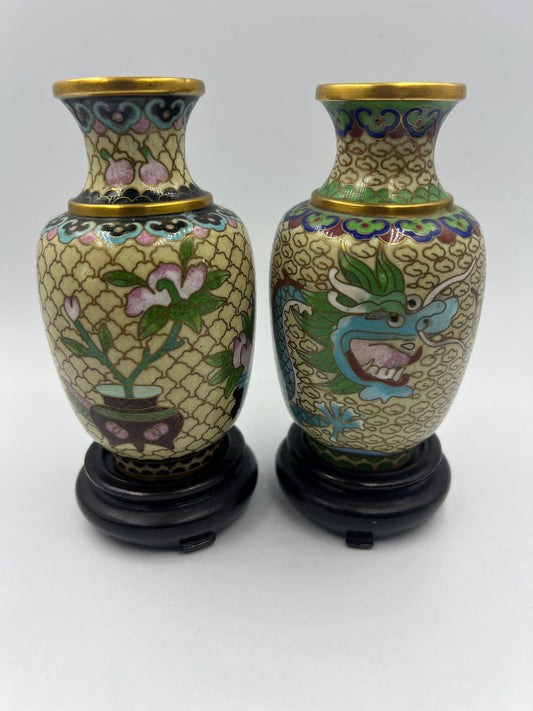 Pair of Vintage Chinese Cloisonne Dragon/Lotus Vases Carved Wood Stand Circa Late 1960s