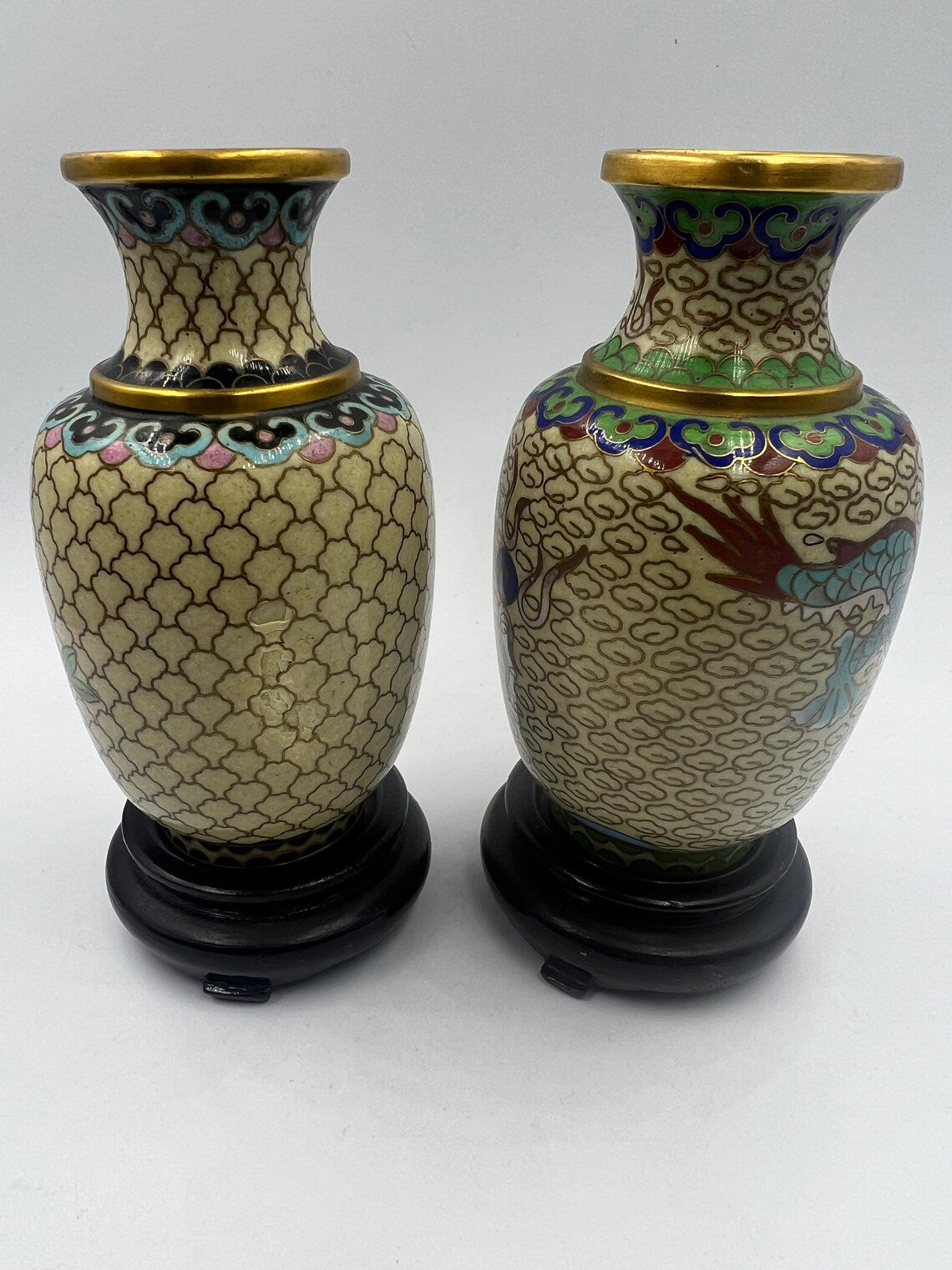 Pair of Vintage Chinese Cloisonne Dragon/Lotus Vases Carved Wood Stand Circa Late 1960s