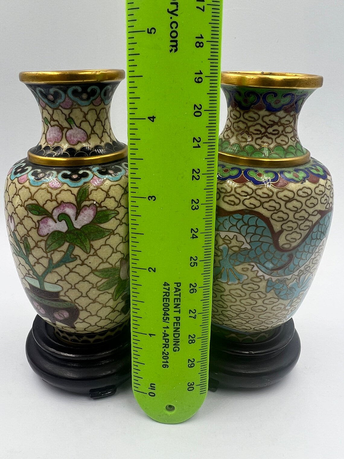 Pair of Vintage Chinese Cloisonne Dragon/Lotus Vases Carved Wood Stand Circa Late 1960s