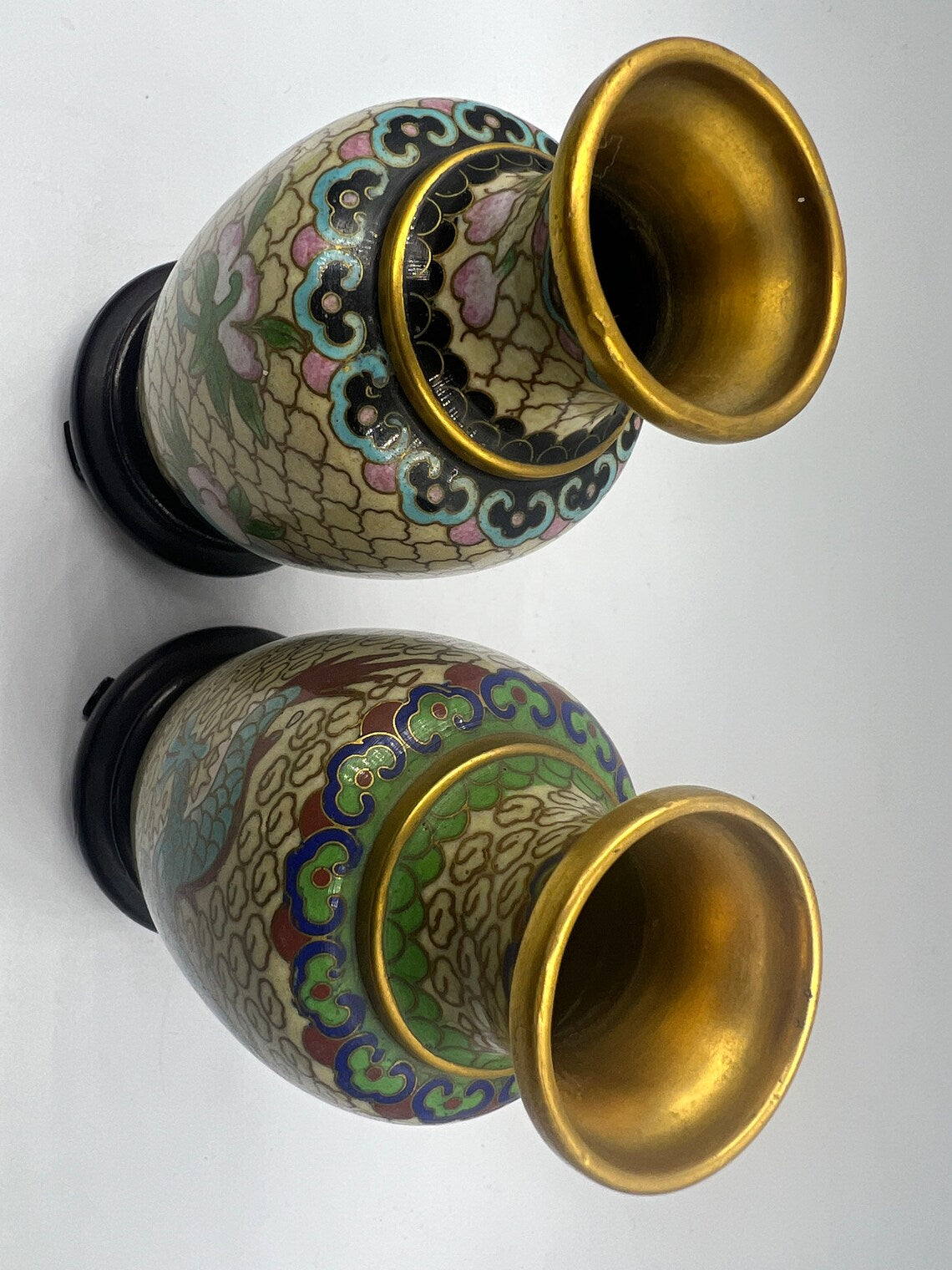 Pair of Vintage Chinese Cloisonne Dragon/Lotus Vases Carved Wood Stand Circa Late 1960s