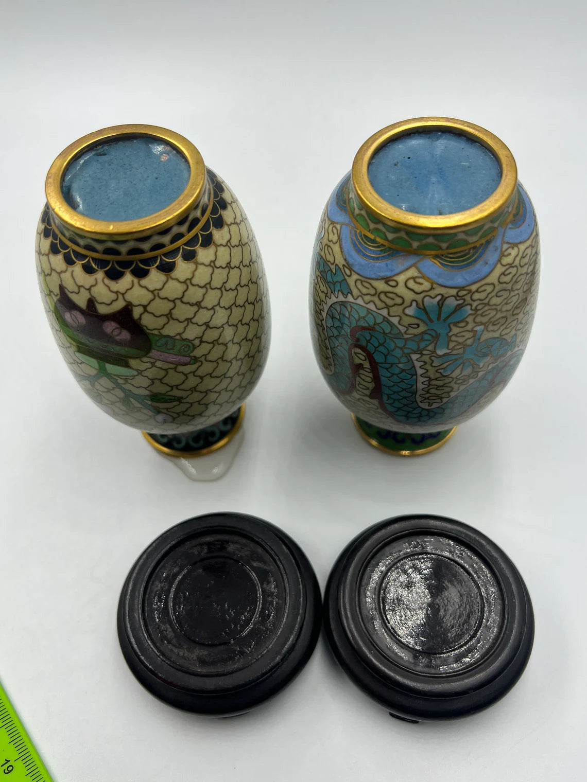 Pair of Vintage Chinese Cloisonne Dragon/Lotus Vases Carved Wood Stand Circa Late 1960s