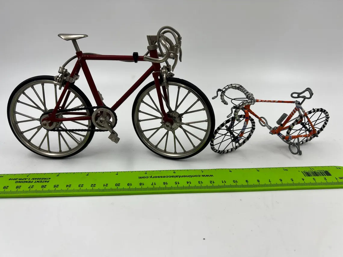 Pair of miniature model racing Bicycles. one Mini"10 Speed" model with rubber wheels and kickstand.