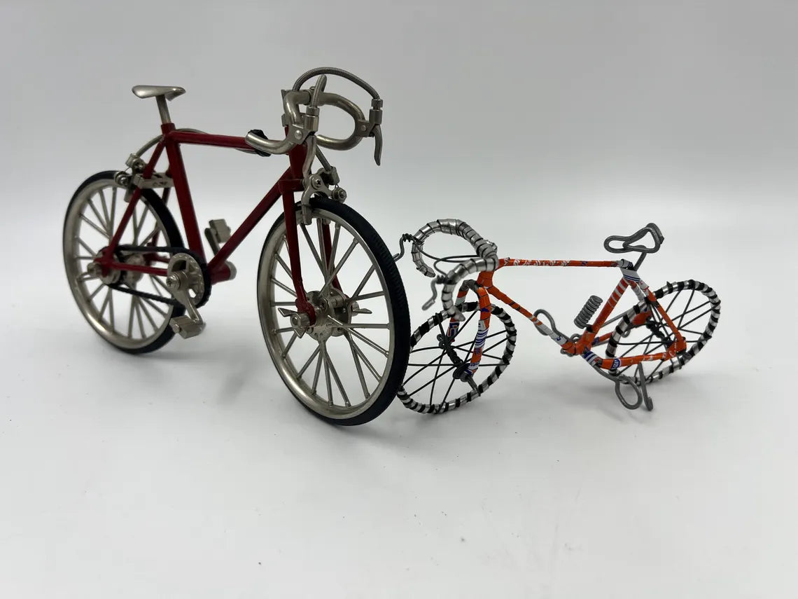 Pair of miniature model racing Bicycles. one Mini"10 Speed" model with rubber wheels and kickstand.