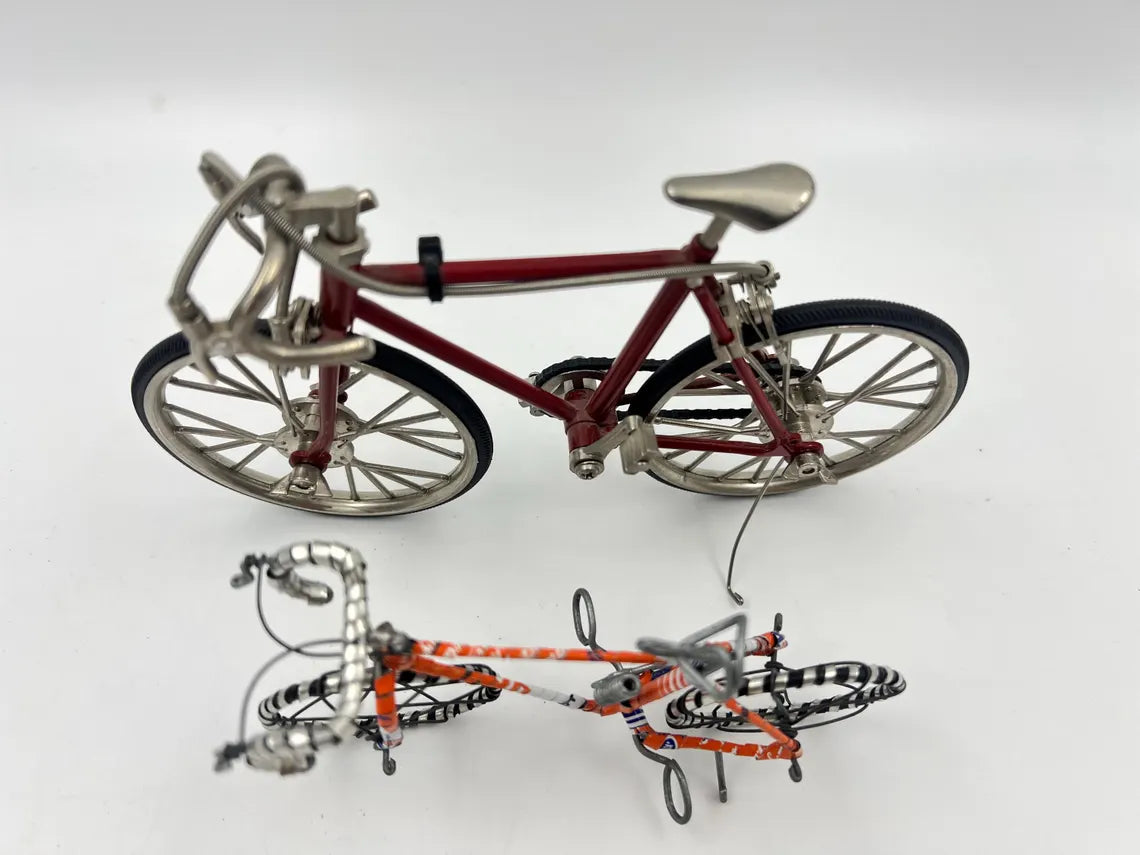 Pair of miniature model racing Bicycles. one Mini"10 Speed" model with rubber wheels and kickstand.