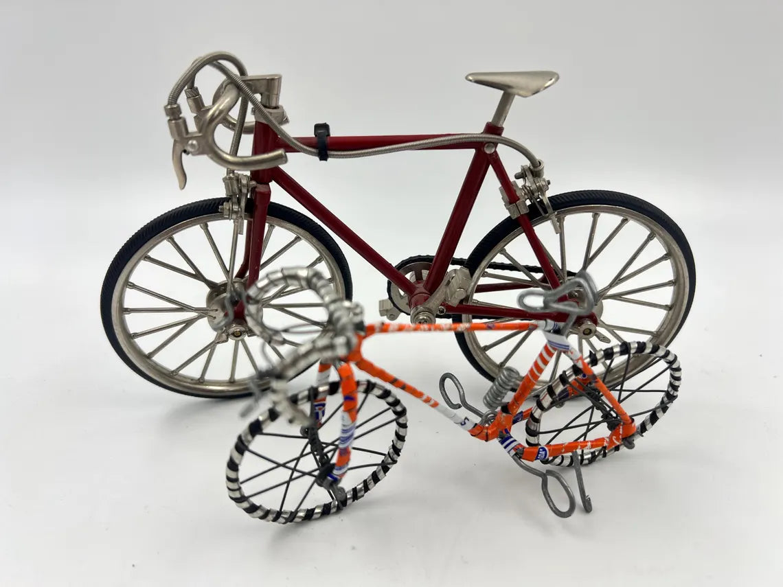 Pair of miniature model racing Bicycles. one Mini"10 Speed" model with rubber wheels and kickstand.