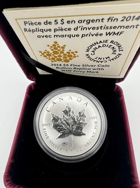 2014 - 5 dollar - 1 oz. Fine Silver Coin - Silver Maple Leaf World Money Fair Privy Mark