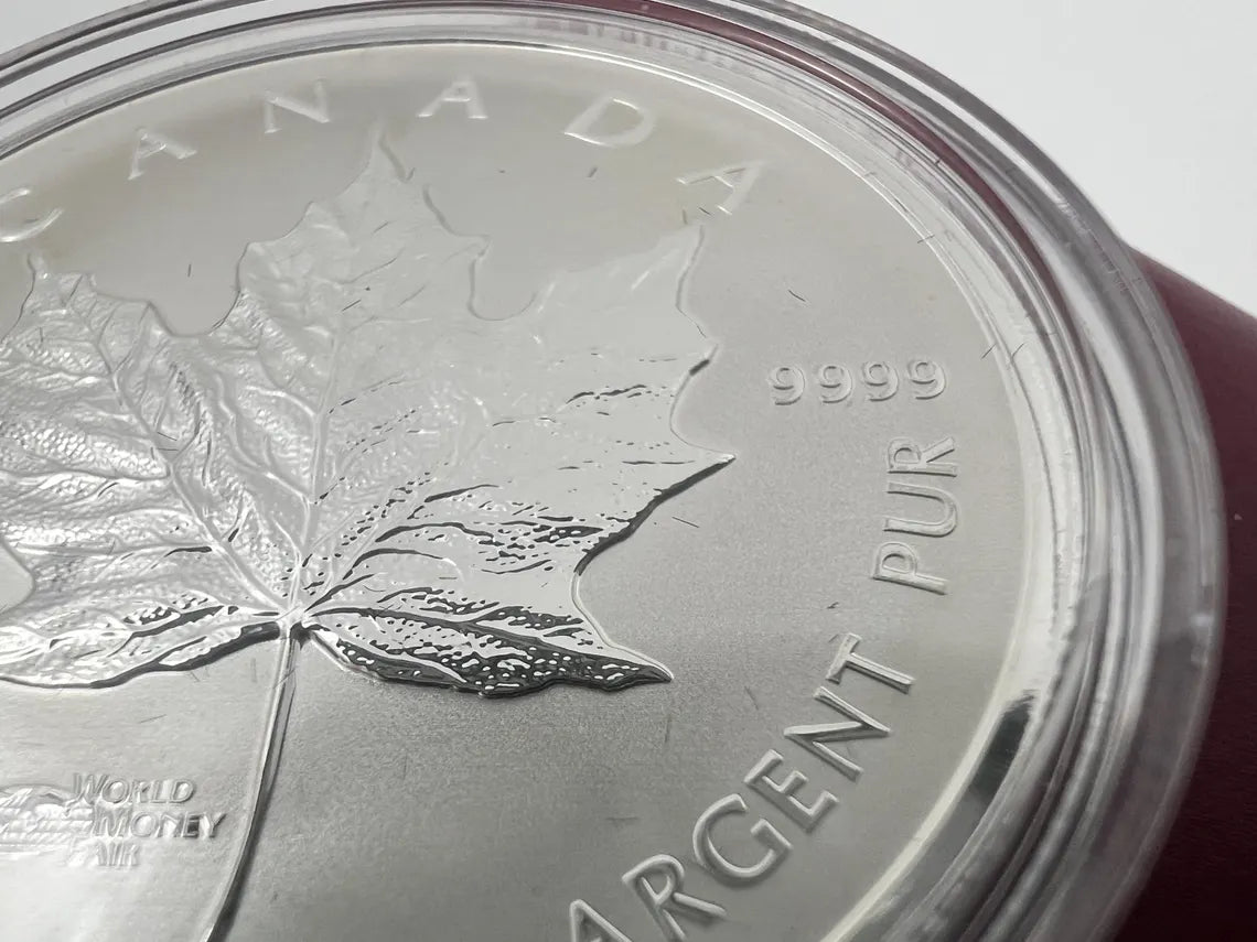 2014 - 5 dollar - 1 oz. Fine Silver Coin - Silver Maple Leaf World Money Fair Privy Mark