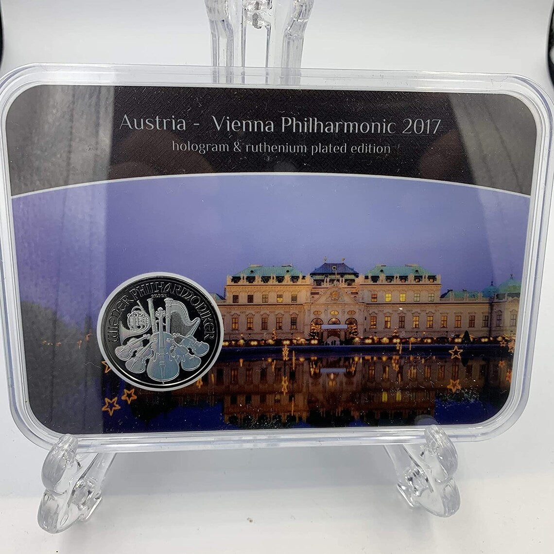 Austria 1.5 Euro 2017 '1oz .999 Silver Philharmonic Holo & Ruthenium Plated with display case - Royaltreasuryhouse