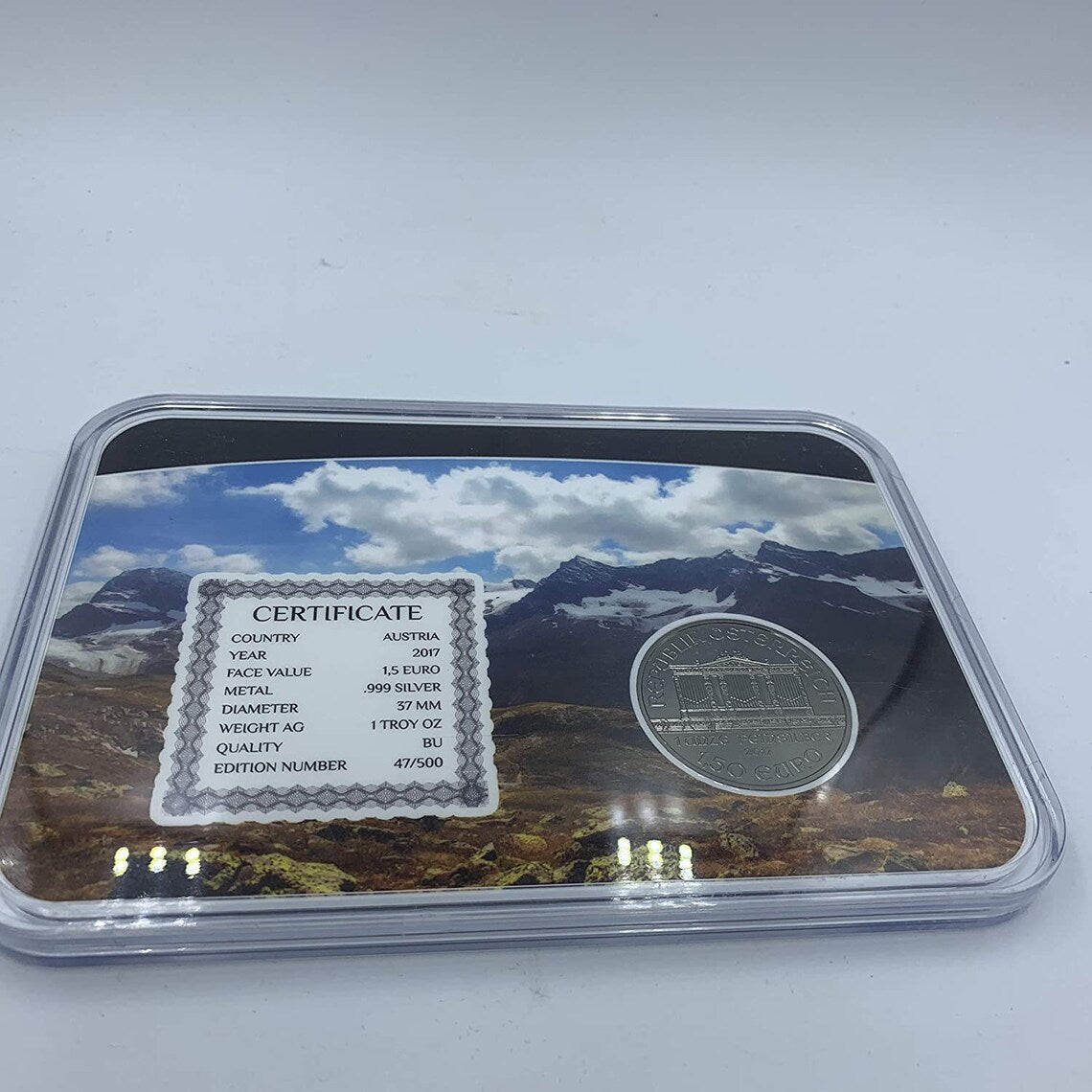 Austria 1.5 Euro 2017 '1oz .999 Silver Philharmonic Holo & Ruthenium Plated with display case - Royaltreasuryhouse