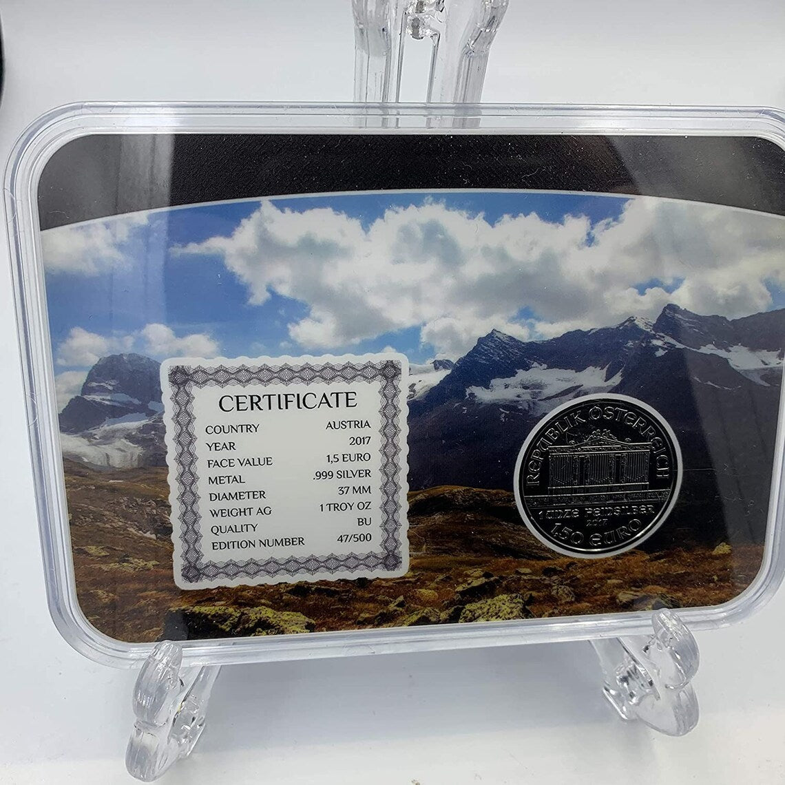 Austria 1.5 Euro 2017 '1oz .999 Silver Philharmonic Holo & Ruthenium Plated with display case - Royaltreasuryhouse