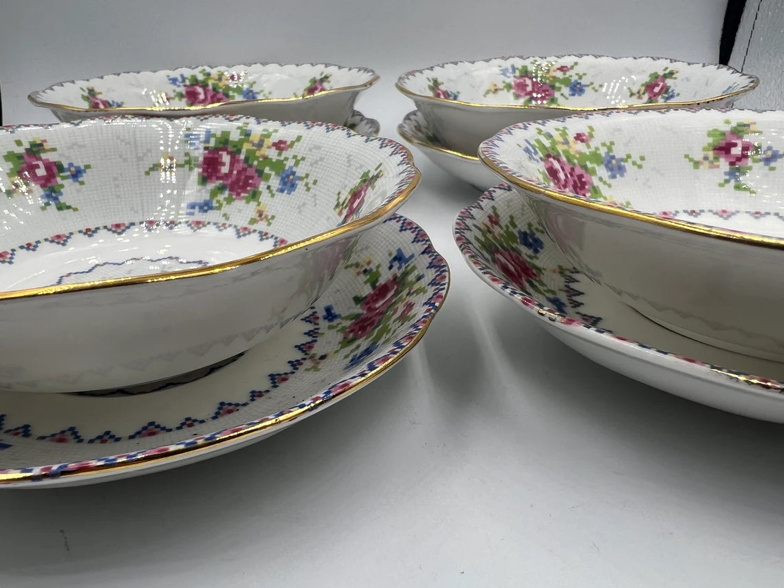 Vintage Royal Albert "Petite Point China" Bone China Set of Four 5.25 inch Bowl and plate - Royaltreasuryhouse