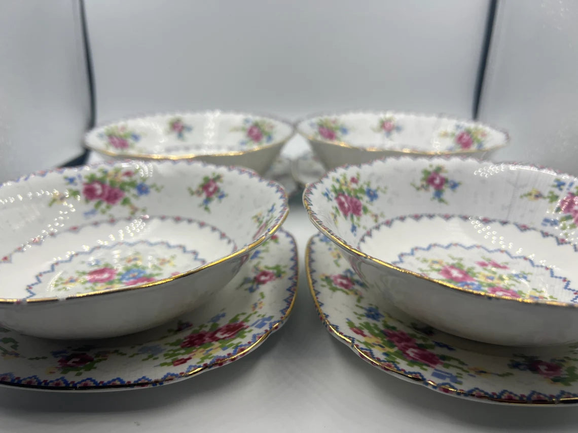 Vintage Royal Albert "Petite Point China" Bone China Set of Four 6 inch Bowl and plate - Royaltreasuryhouse