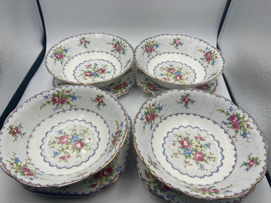 Vintage Royal Albert "Petite Point China" Bone China Set of Four 6 inch Bowl and plate - Royaltreasuryhouse