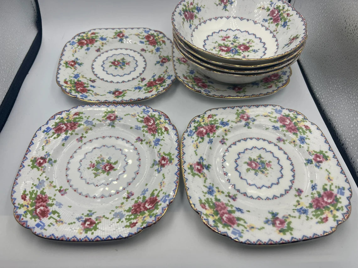 Vintage Royal Albert "Petite Point China" Bone China Set of Four 6 inch Bowl and plate - Royaltreasuryhouse