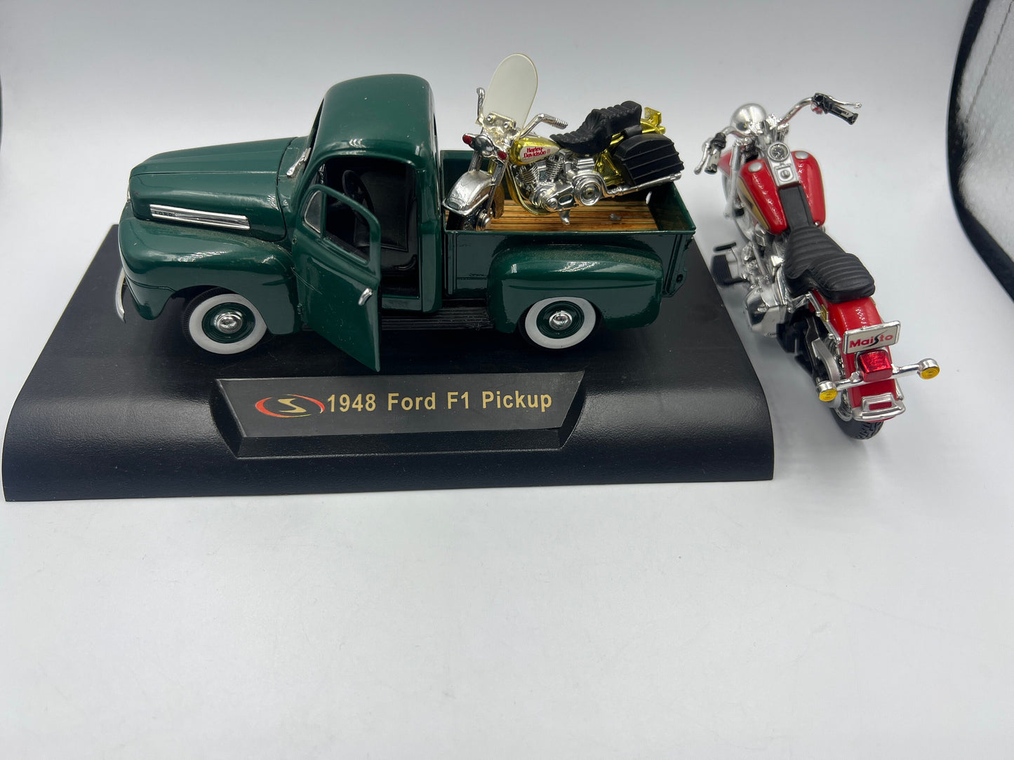 1948 Ford F1 Model Pick Up truck, Harley Davidson Heritage Softtail  1:18 diecast, and Reduced model Harley Davidson Sportster 1 by34