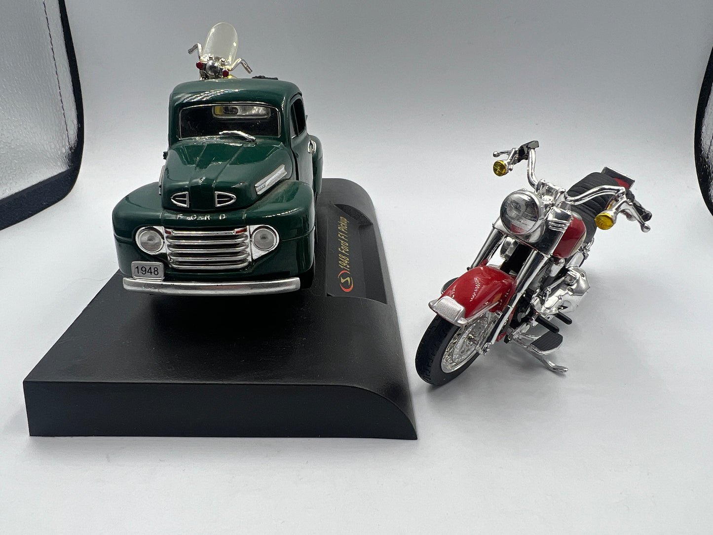 1948 Ford F1 Model Pick Up truck, Harley Davidson Heritage Softtail  1:18 diecast, and Reduced model Harley Davidson Sportster 1 by34