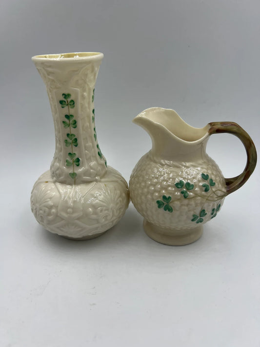 Pair of Irish Belleek Shamrock pattern Onion shaped creamer and flower spill vase Second and Third Black Mark