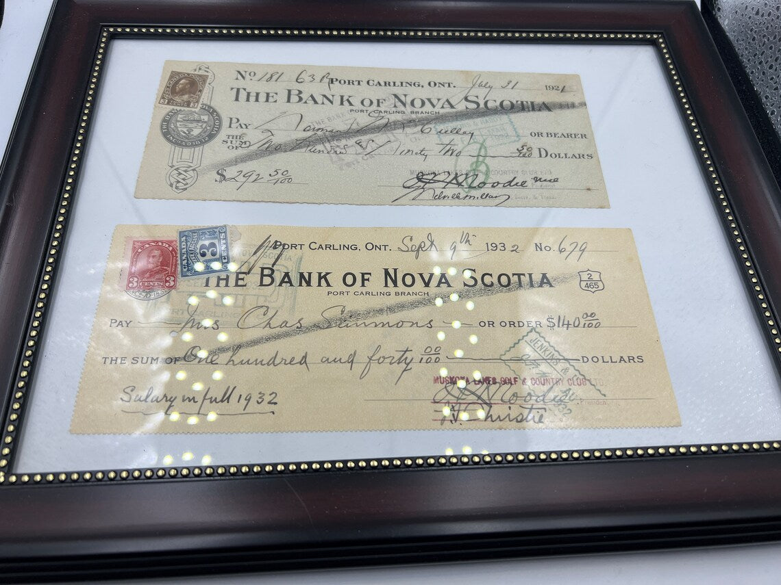 Framed 1921/1932 Bank Of NOVA SCOTIA Canceled Cheques with post stamps very nice condition - Royaltreasuryhouse