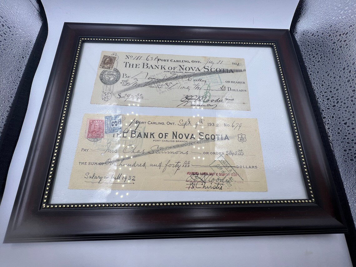 Framed 1921/1932 Bank Of NOVA SCOTIA Canceled Cheques with post stamps very nice condition - Royaltreasuryhouse