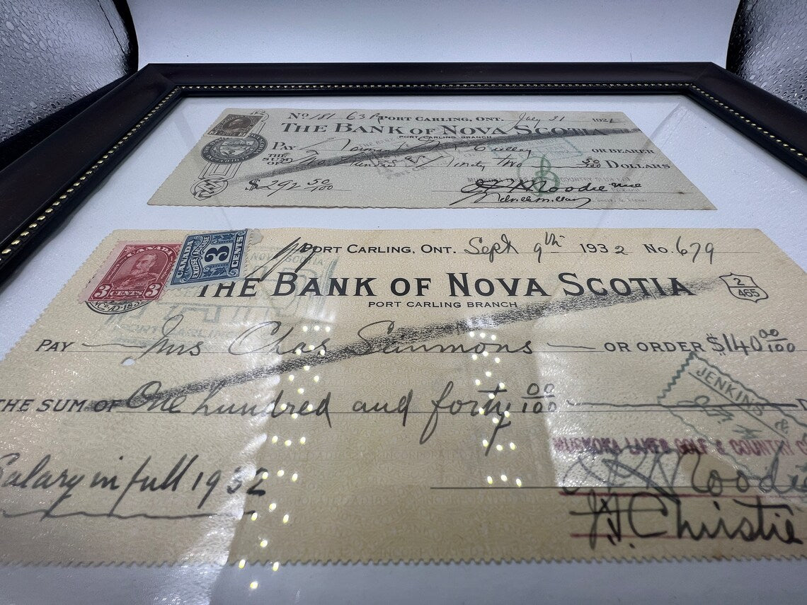 Framed 1921/1932 Bank Of NOVA SCOTIA Canceled Cheques with post stamps very nice condition - Royaltreasuryhouse