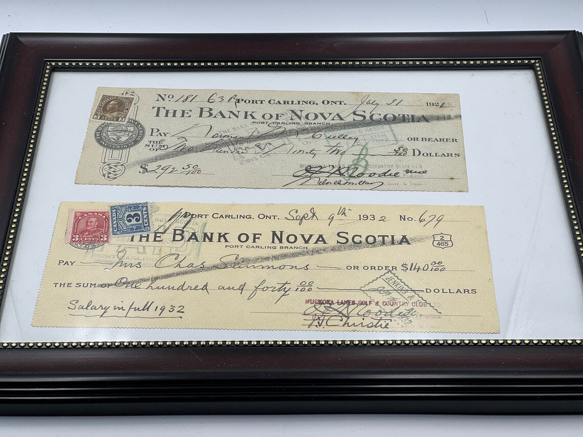 Framed 1921/1932 Bank Of NOVA SCOTIA Canceled Cheques with post stamps very nice condition - Royaltreasuryhouse