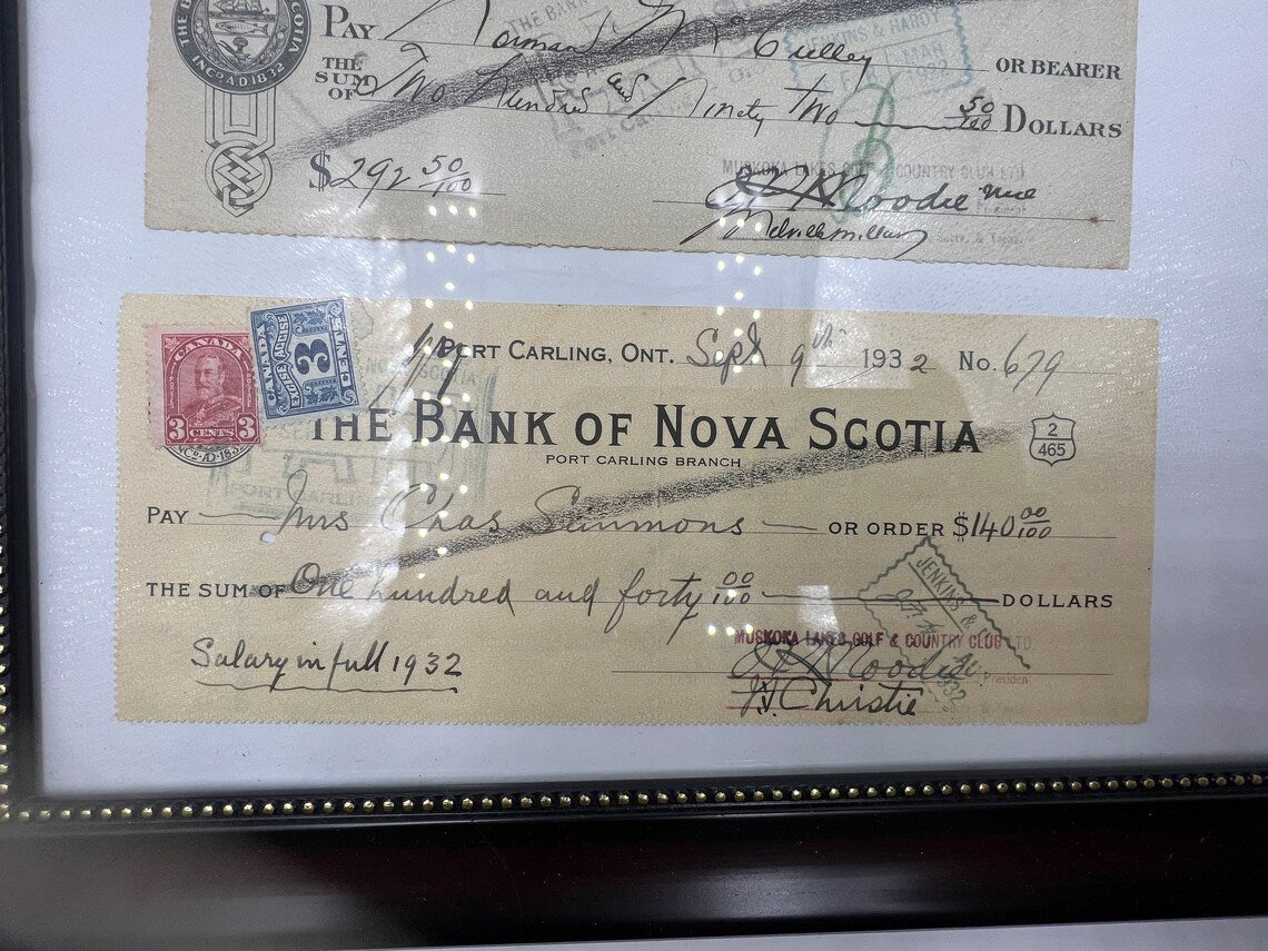 Framed 1921/1932 Bank Of NOVA SCOTIA Canceled Cheques with post stamps very nice condition - Royaltreasuryhouse