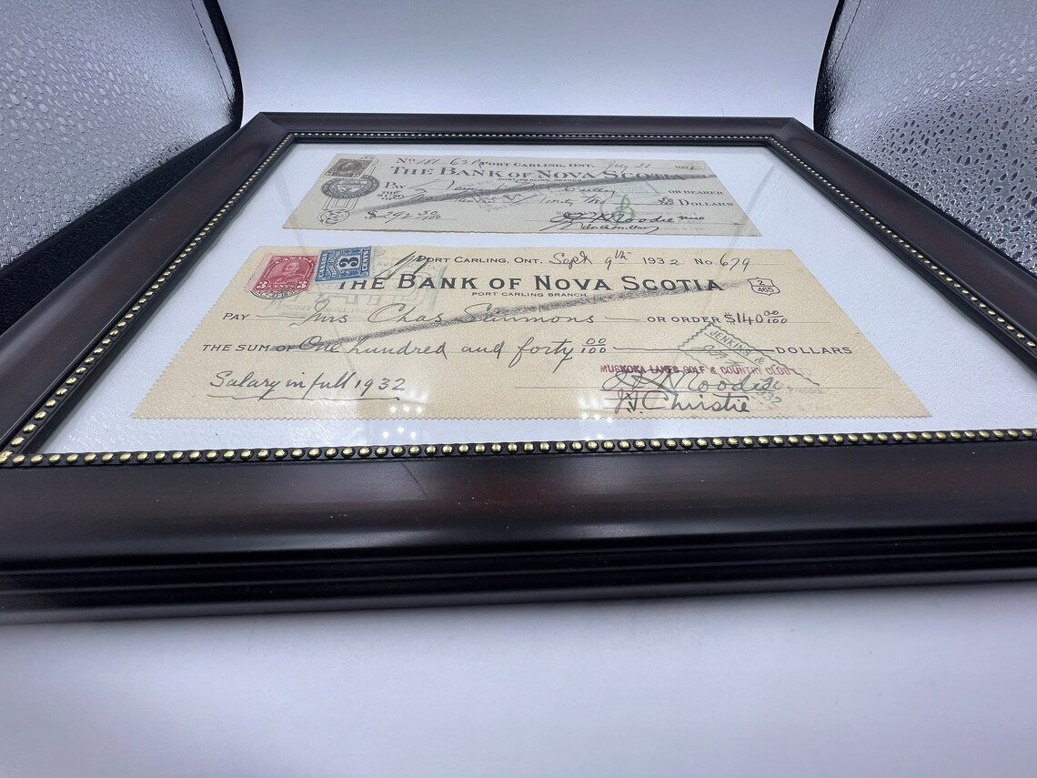 Framed 1921/1932 Bank Of NOVA SCOTIA Canceled Cheques with post stamps very nice condition - Royaltreasuryhouse