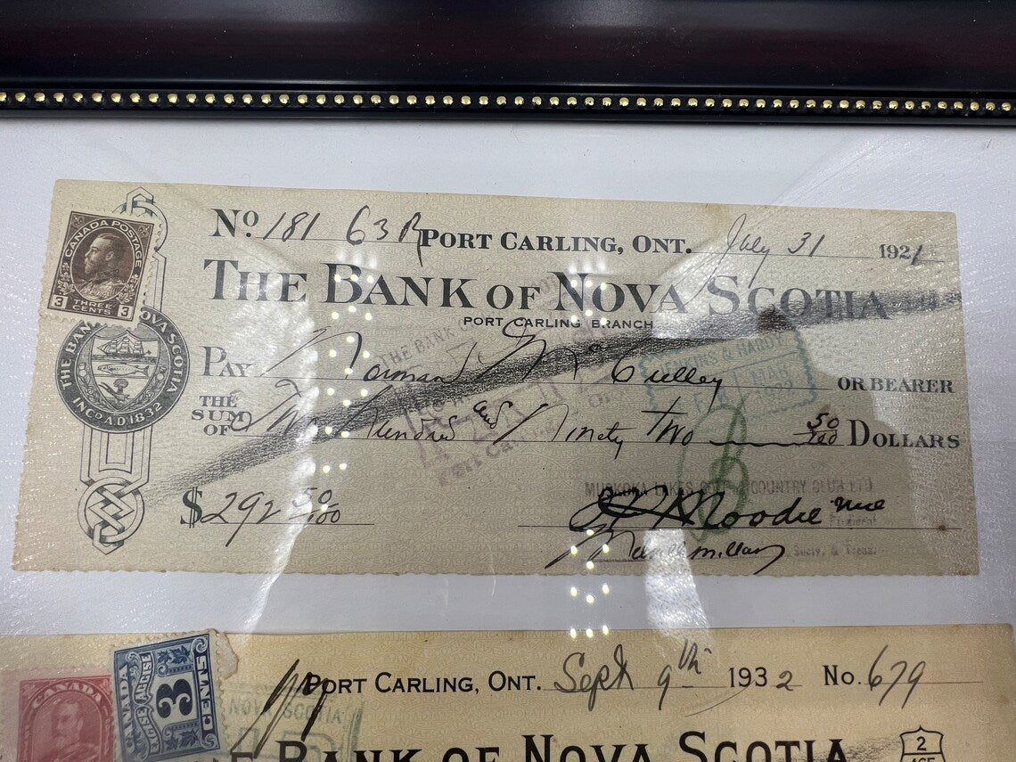 Framed 1921/1932 Bank Of NOVA SCOTIA Canceled Cheques with post stamps very nice condition - Royaltreasuryhouse