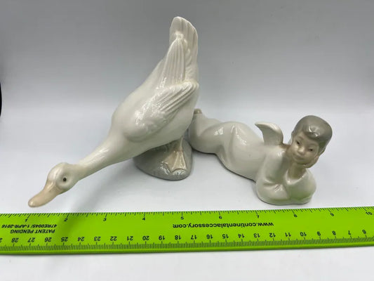 Nao Lladro Vintage Fine Porcelain Goose Duck with Outstretched Neck, Lladro porcelain lying boy angel figurine - Royaltreasuryhouse