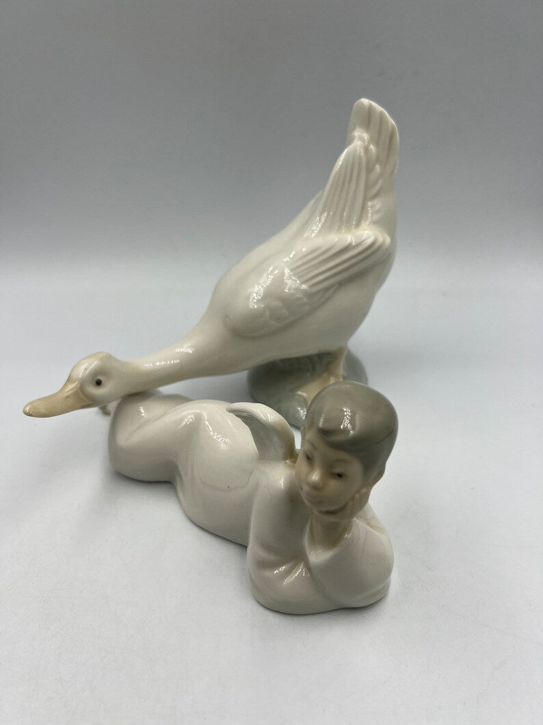 Nao Lladro Vintage Fine Porcelain Goose Duck with Outstretched Neck, Lladro porcelain lying boy angel figurine - Royaltreasuryhouse