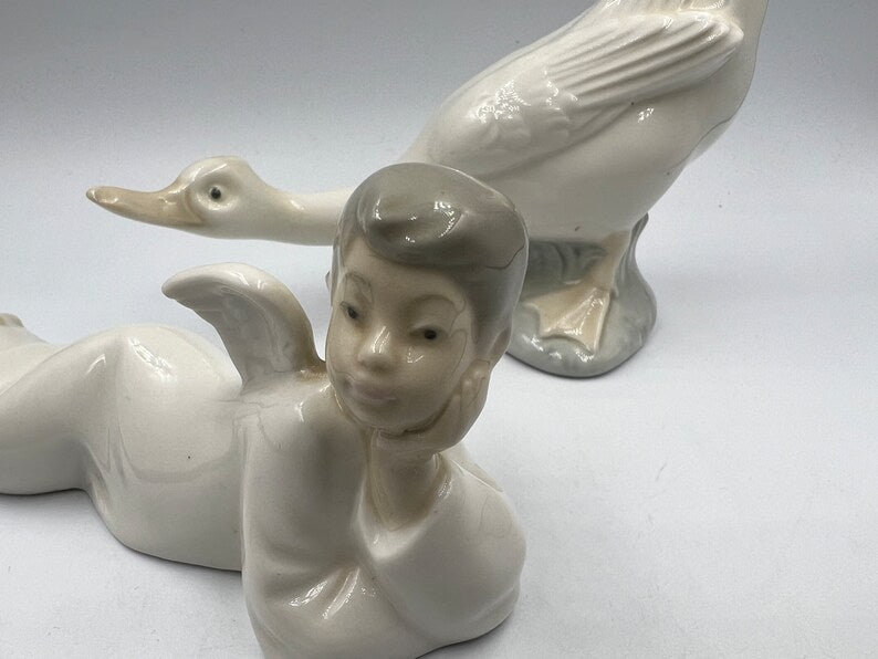 Nao Lladro Vintage Fine Porcelain Goose Duck with Outstretched Neck, Lladro porcelain lying boy angel figurine - Royaltreasuryhouse