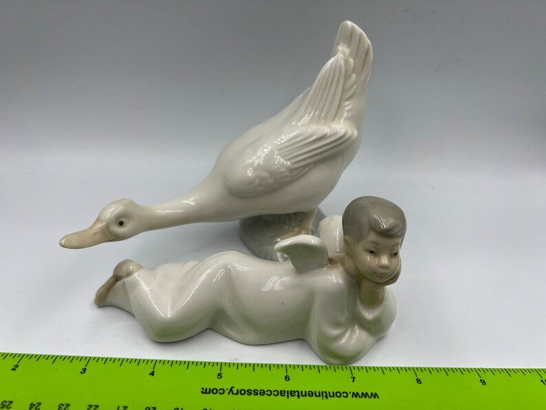 Nao Lladro Vintage Fine Porcelain Goose Duck with Outstretched Neck, Lladro porcelain lying boy angel figurine - Royaltreasuryhouse