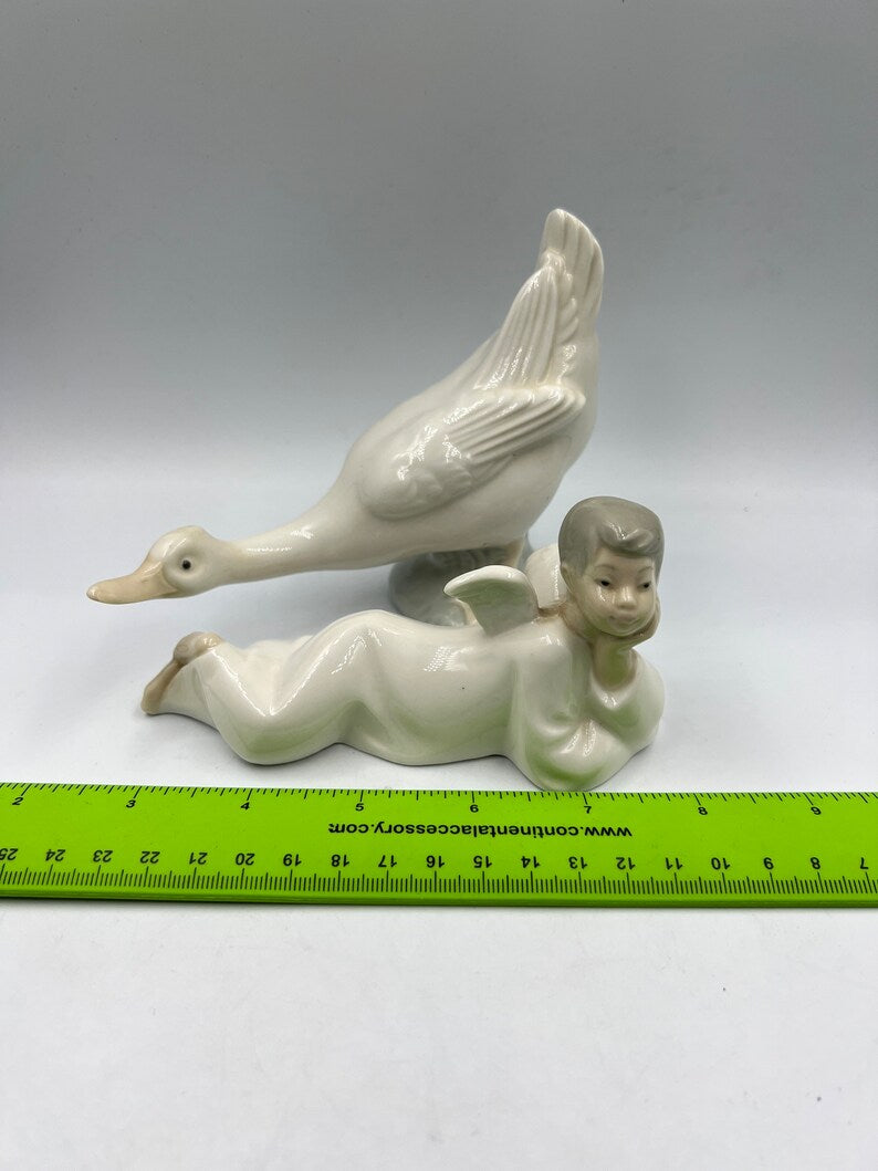 Nao Lladro Vintage Fine Porcelain Goose Duck with Outstretched Neck, Lladro porcelain lying boy angel figurine - Royaltreasuryhouse