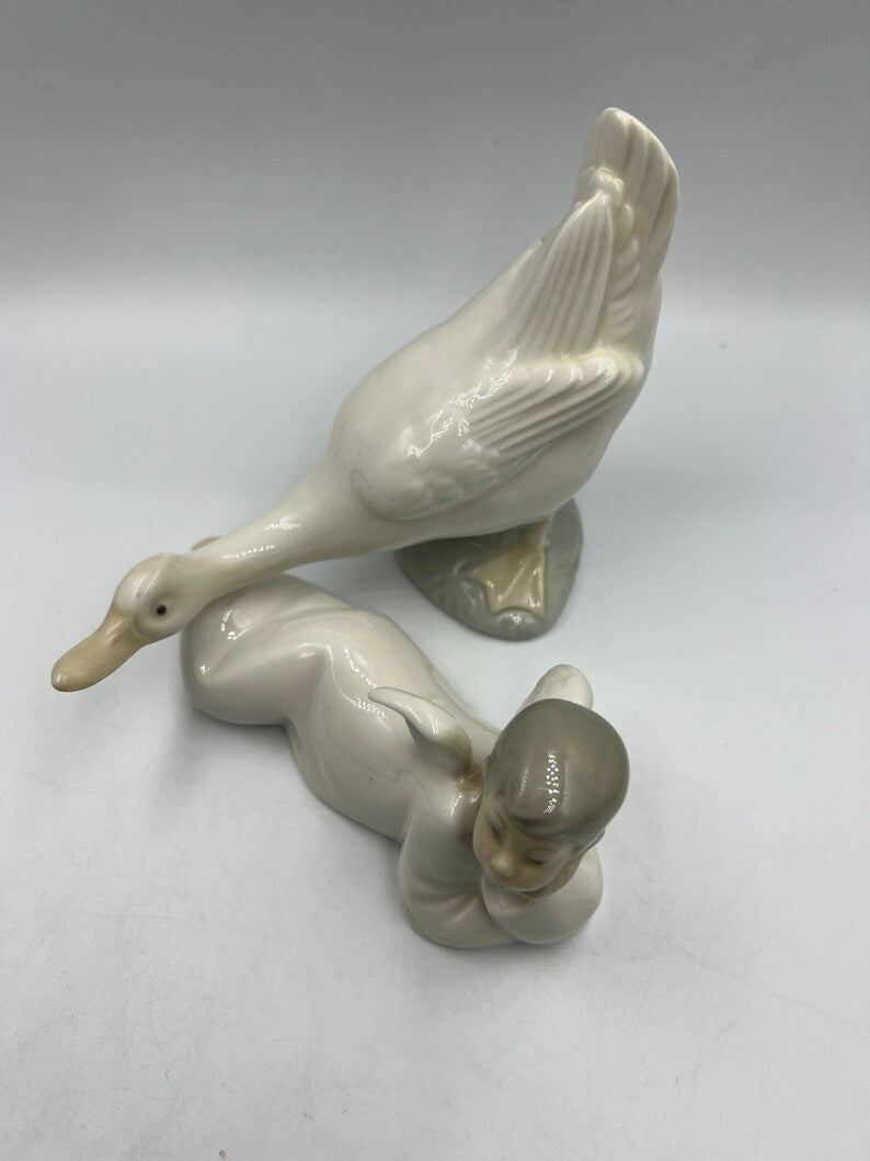 Nao Lladro Vintage Fine Porcelain Goose Duck with Outstretched Neck, Lladro porcelain lying boy angel figurine - Royaltreasuryhouse