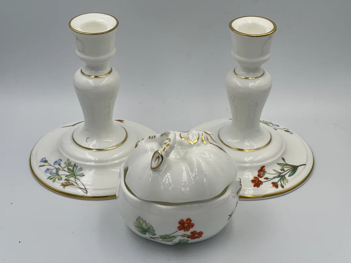 Antique Pair of Minton Porcelain Candlestick Candle Holder and Sugar Bowl w/ Painted Flowers - Royaltreasuryhouse