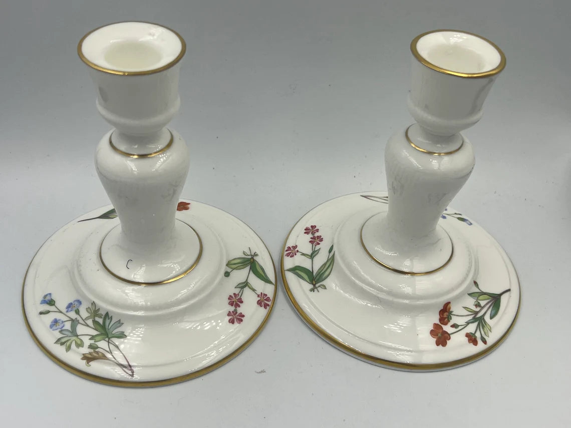 Antique Pair of Minton Porcelain Candlestick Candle Holder and Sugar Bowl w/ Painted Flowers - Royaltreasuryhouse