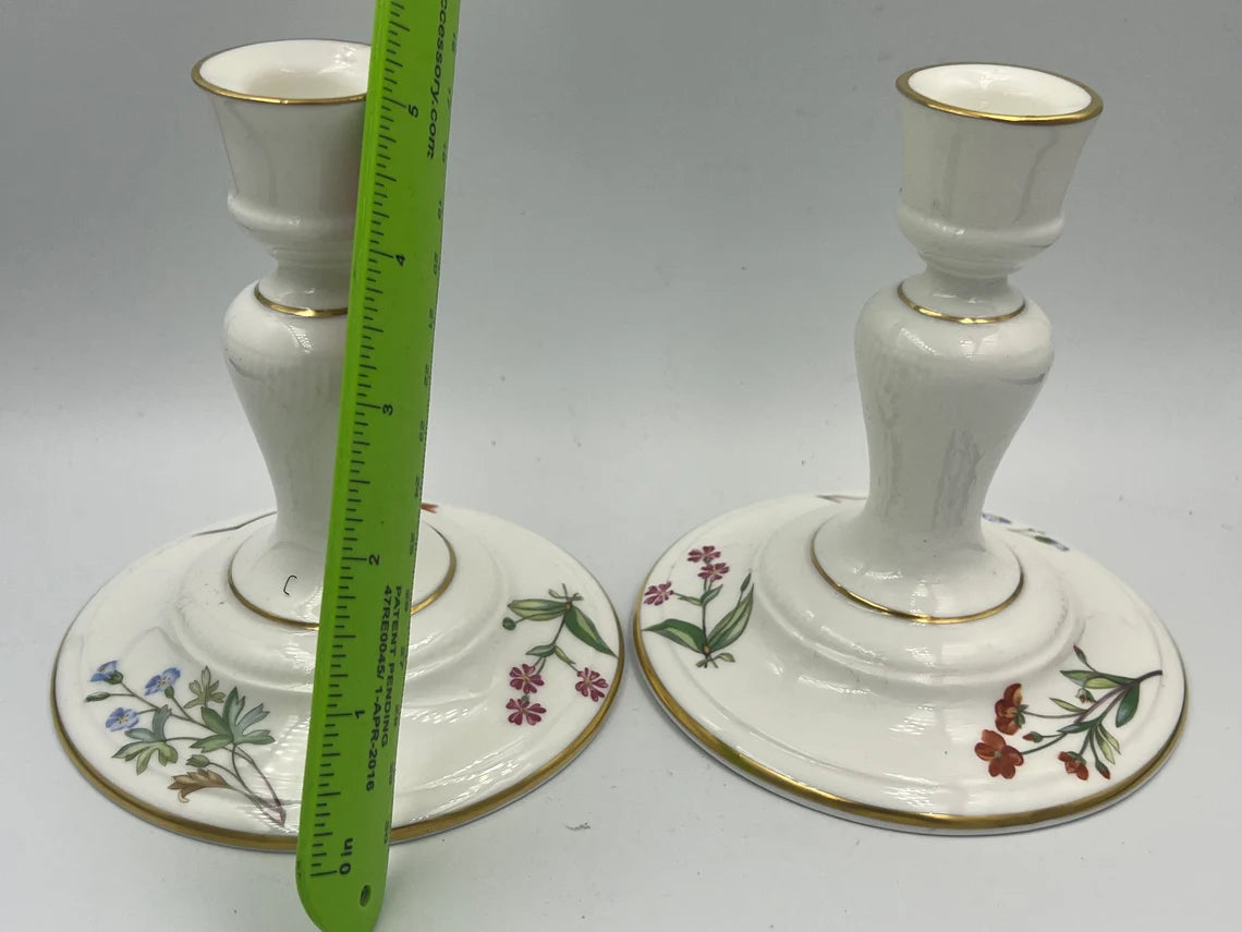 Antique Pair of Minton Porcelain Candlestick Candle Holder and Sugar Bowl w/ Painted Flowers - Royaltreasuryhouse